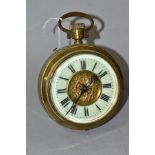 A BRASS CASED DESK CLOCK CIRCA EARLY 20TH CENTURY, in the style of a Goliath pocket watch, the
