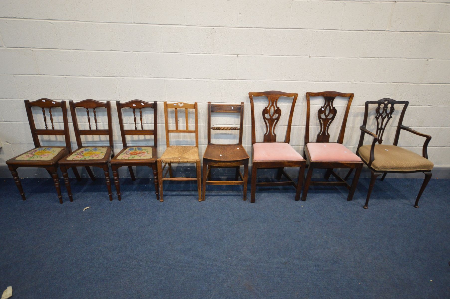 EIGHT VARIOUS PERIOD CHAIRS OF VARIOUS AGES AND MATERIALS, to include an Edwardian elbow chair,