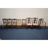 EIGHT VARIOUS PERIOD CHAIRS OF VARIOUS AGES AND MATERIALS, to include an Edwardian elbow chair,