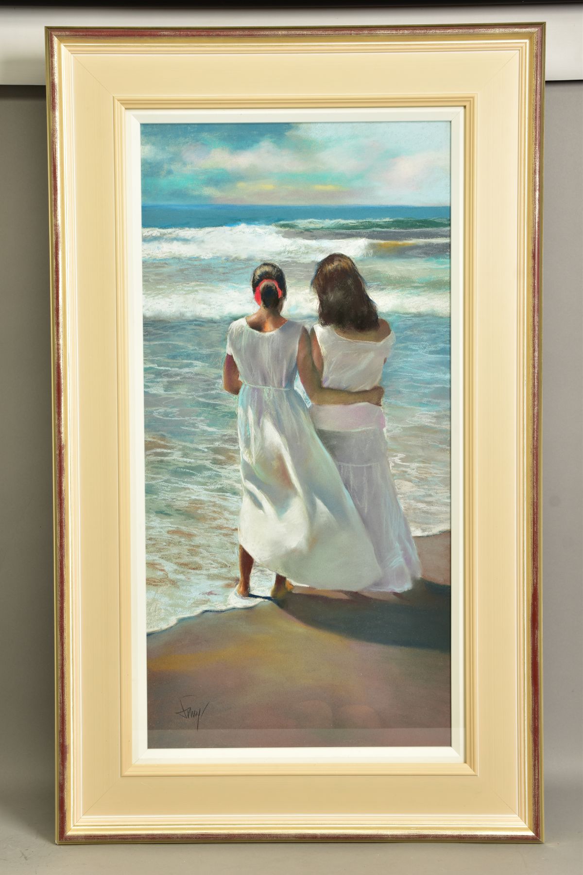 DOMINGO ALVAREZ GOMEZ (SPAIN 1942) 'EL MAR/THE SEA II', two female figures standing barefoot on a