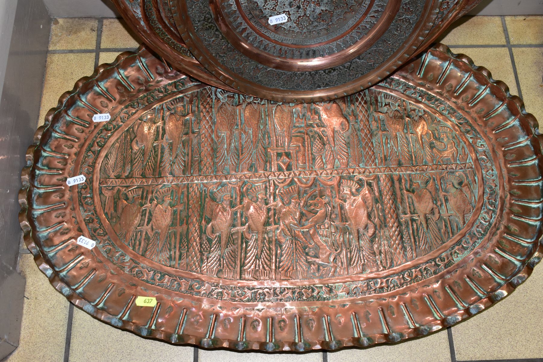 A COLLECTION OF SEVEN INDIAN/MIDDLE EASTERN METAL PLATTERS, CHARGERS AND TRAYS, all either - Image 4 of 7