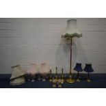 TEN VARIOUS LIGHTS, to include a brass standard lamp, a pair of blue and brass table lamps, three