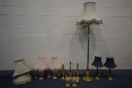 TEN VARIOUS LIGHTS, to include a brass standard lamp, a pair of blue and brass table lamps, three