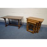 A REPRODUCTION OAK NEST OF THREE TABLES, largest table width 60cm x depth 36cm x height 48cm,