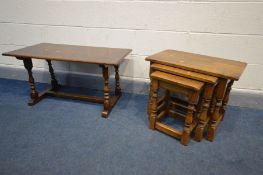 A REPRODUCTION OAK NEST OF THREE TABLES, largest table width 60cm x depth 36cm x height 48cm,