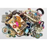 A BOX OF COSTUME JEWELLERY, to include various beaded necklaces and bracelets, earrings, bangles,