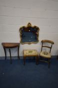 A FOLIATE GILT METAL WALL MIRROR, 66cm x 74cm, along with a French style demi lune hall table, oak