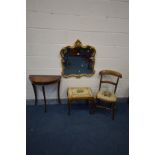 A FOLIATE GILT METAL WALL MIRROR, 66cm x 74cm, along with a French style demi lune hall table, oak