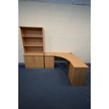 A SET OF BEECH HOME OFFICE UNITS, to include a bookcase above double cupboard doors, width 90cm x