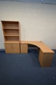 A SET OF BEECH HOME OFFICE UNITS, to include a bookcase above double cupboard doors, width 90cm x