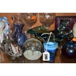NINE ITEMS OF GLASSWARE, comprising a pair of 19th Century ogee shaped rummers on air twist stems,
