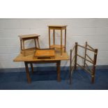 A PINE KITCHEN TABLE (alterations) along with two light wood occasional tables, a plywood guillotine