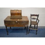 A GEORGIAN OAK PEMBROOKE TABLE, along with a Georgian oak child's high chair and a vintage sewing