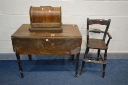 A GEORGIAN OAK PEMBROOKE TABLE, along with a Georgian oak child's high chair and a vintage sewing