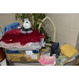 TWO BOXES AND LOOSE MISCELLANEOUS ITEMS, to include wall mounted plant pot holder shaped as an arch,