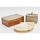 A CIGARETTE BOX, A WHITE METAL BOX AND A OYSTER SHELL TRINKET DISH, the wooden cigarette box mounted
