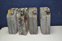 FOUR VINTAGE JERRY CANS (some with small amounts of unidentified fuel inside)