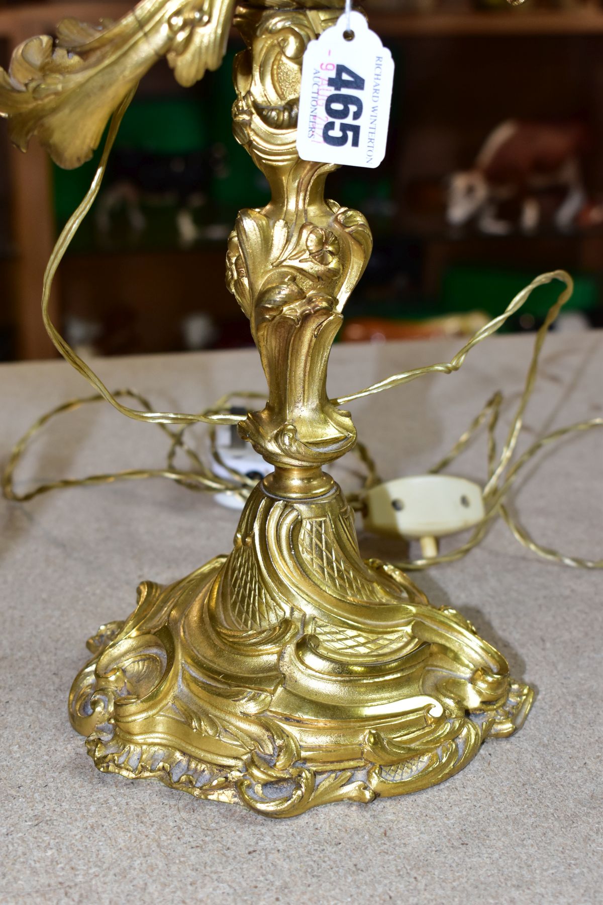 A GILT METAL TABLE LAMP IN THE FORM OF A THREE LIGHT CANDELABRA, height approximately 45cm excluding - Image 4 of 10