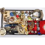 A BOX OF MOSTLY COSTUME JEWELLERY, to include a small blue jewellery box with contents to include