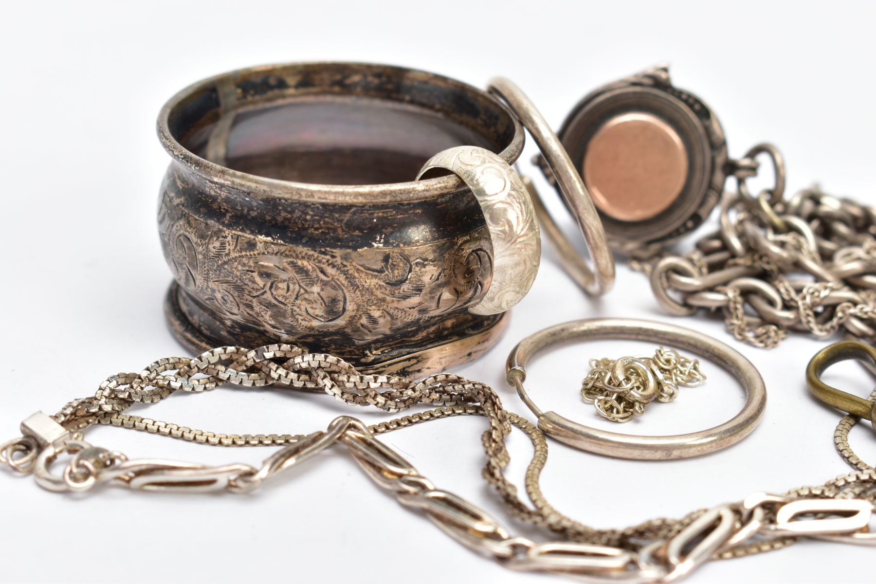 A SILVER ALBERT CHAIN WITH FOBS, A SILVER NAPKIN RING AND WHITE METAL JEWELLERY, fetter Albert chain - Image 2 of 3