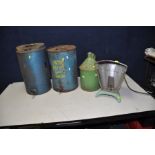 TWO VINTAGE PARAFFIN DRUMS one with complete tap , the other not, a vintage paraffin can with