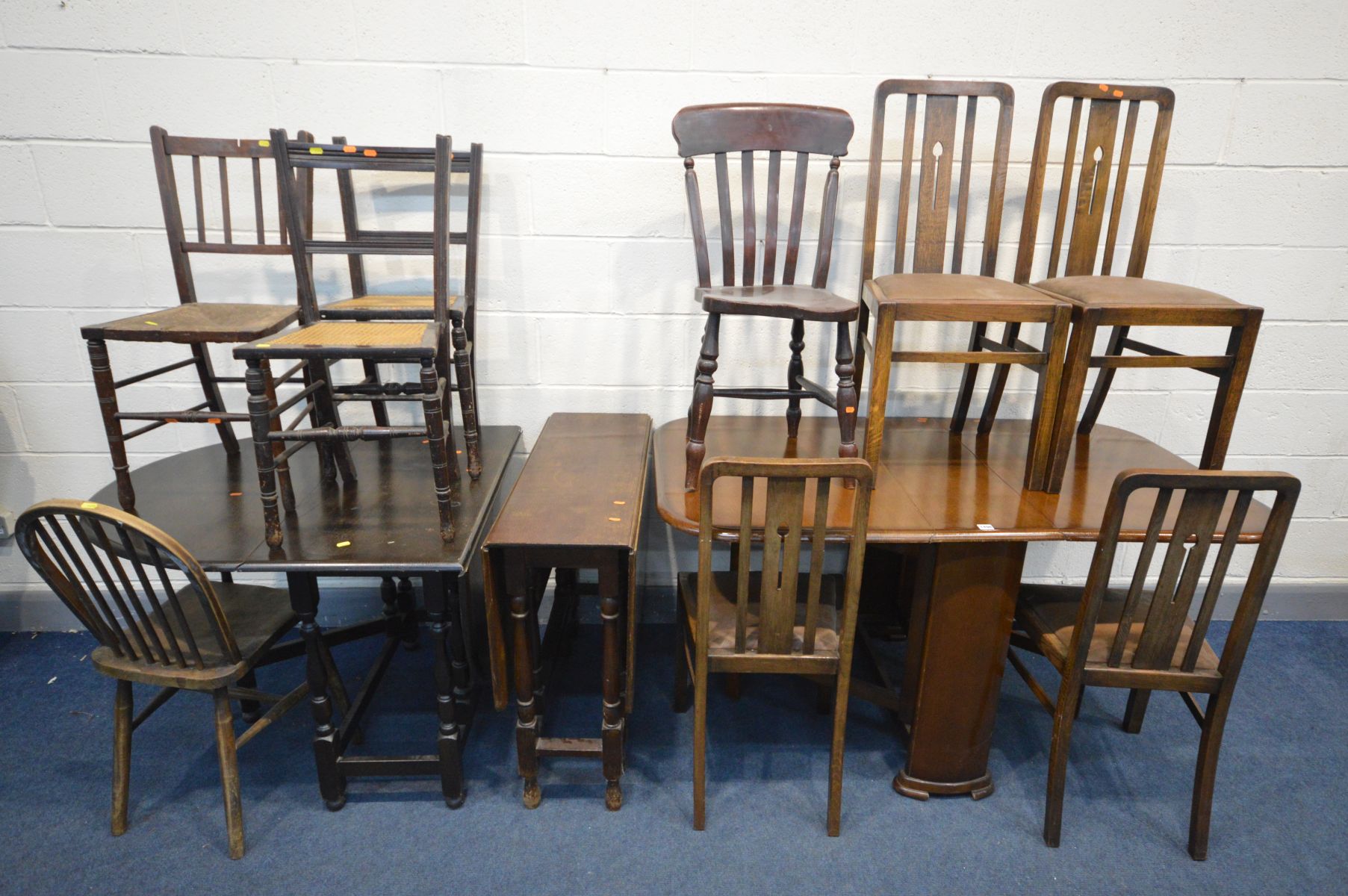 THREE VARIOUS OAK TABLES, and a set of four Arts and Crafts oak chairs, and five other chairs (12)