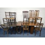 THREE VARIOUS OAK TABLES, and a set of four Arts and Crafts oak chairs, and five other chairs (12)