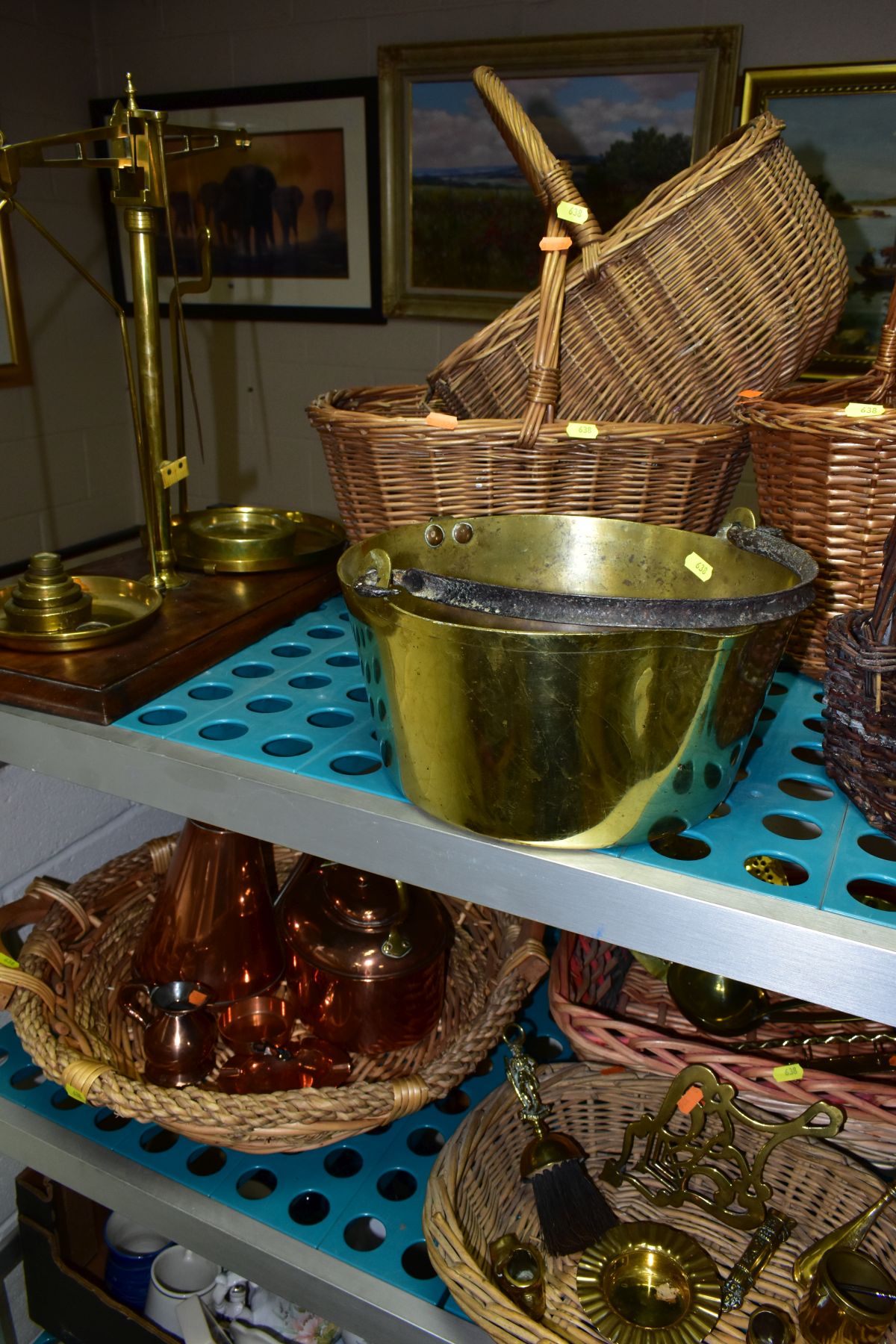 A GROUP OF COPPER, BRASS, WICKER BASKETS, ETC, including a set of balance scales on a mahogany