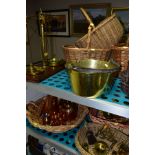 A GROUP OF COPPER, BRASS, WICKER BASKETS, ETC, including a set of balance scales on a mahogany