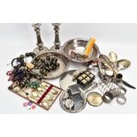 A BOX OF ASSORTED WHITE METAL WARE AND A BAG OF COSTUME JEWELLERY, to include a round white metal