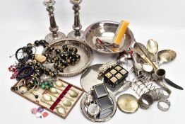 A BOX OF ASSORTED WHITE METAL WARE AND A BAG OF COSTUME JEWELLERY, to include a round white metal