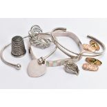 A SELECTION OF ITEMS, to include two silver cuffs each with full hallmarks for Birmingham and