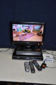 A TOSHIBA 19in LCD TV with Universal remote, a Panasonic DVD player with remote, a Sky Digibox