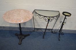 A CIRCULAR MARBLE TOP PUB TABLE, on a black cast iron stand, diameter 60cm x height 76cm, together