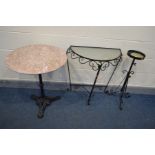 A CIRCULAR MARBLE TOP PUB TABLE, on a black cast iron stand, diameter 60cm x height 76cm, together