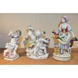 THREE 19TH CENTURY CONTINENTAL PORCELAIN FIGURES AND FIGURE GROUP, comprising a lady in 18th Century