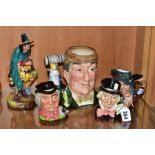 FOUR ROYAL DOULTON CHARACTER JUGS AND A ROYAL DOULTON 'THE MASK SELLER', HN2103, printed marks,