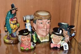 FOUR ROYAL DOULTON CHARACTER JUGS AND A ROYAL DOULTON 'THE MASK SELLER', HN2103, printed marks,