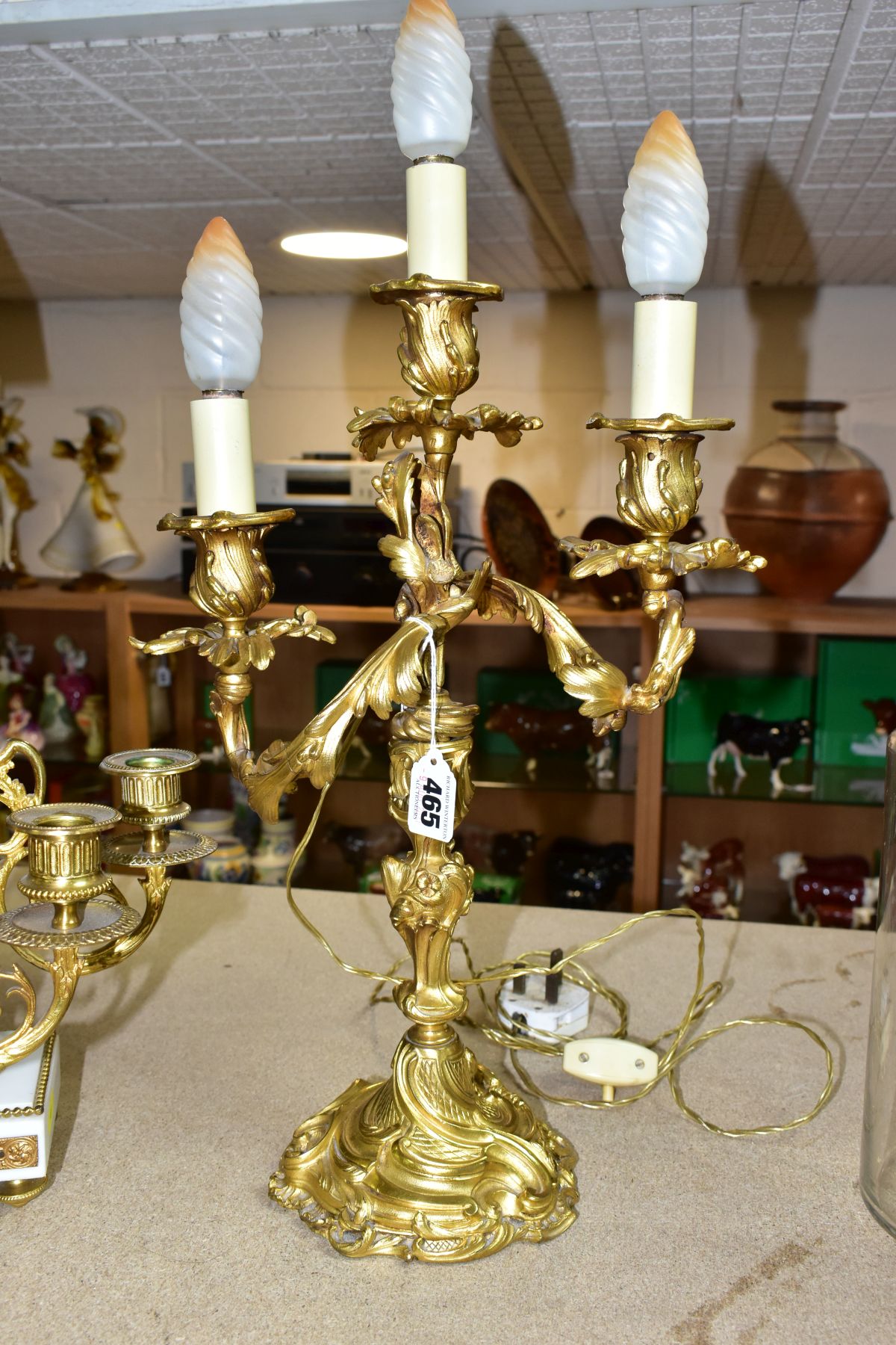 A GILT METAL TABLE LAMP IN THE FORM OF A THREE LIGHT CANDELABRA, height approximately 45cm excluding - Image 2 of 10