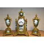 A MODERN ITALIAN BRASS AND PORCELAIN 'IMPERIAL' CLOCK GARNITURE, the white enamel dial with Roman