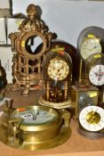 A GROUP OF EIGHT CLOCKS AND A REPRODUCTION GILT BRASS MANTEL CLOCK CASE, including three anniversary