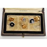 A CASED SET OF EARLY 20TH CENTURY 18CT GOLD AND PLATINUM MOUNTED ONYX AND SPLIT PEARL CUFFLINKS