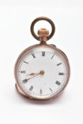 A LADYS GOLD PLATED OPEN FACE POCKET WATCH, white dial, Roman numerals, gold hands, engraved