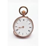 A LADYS GOLD PLATED OPEN FACE POCKET WATCH, white dial, Roman numerals, gold hands, engraved