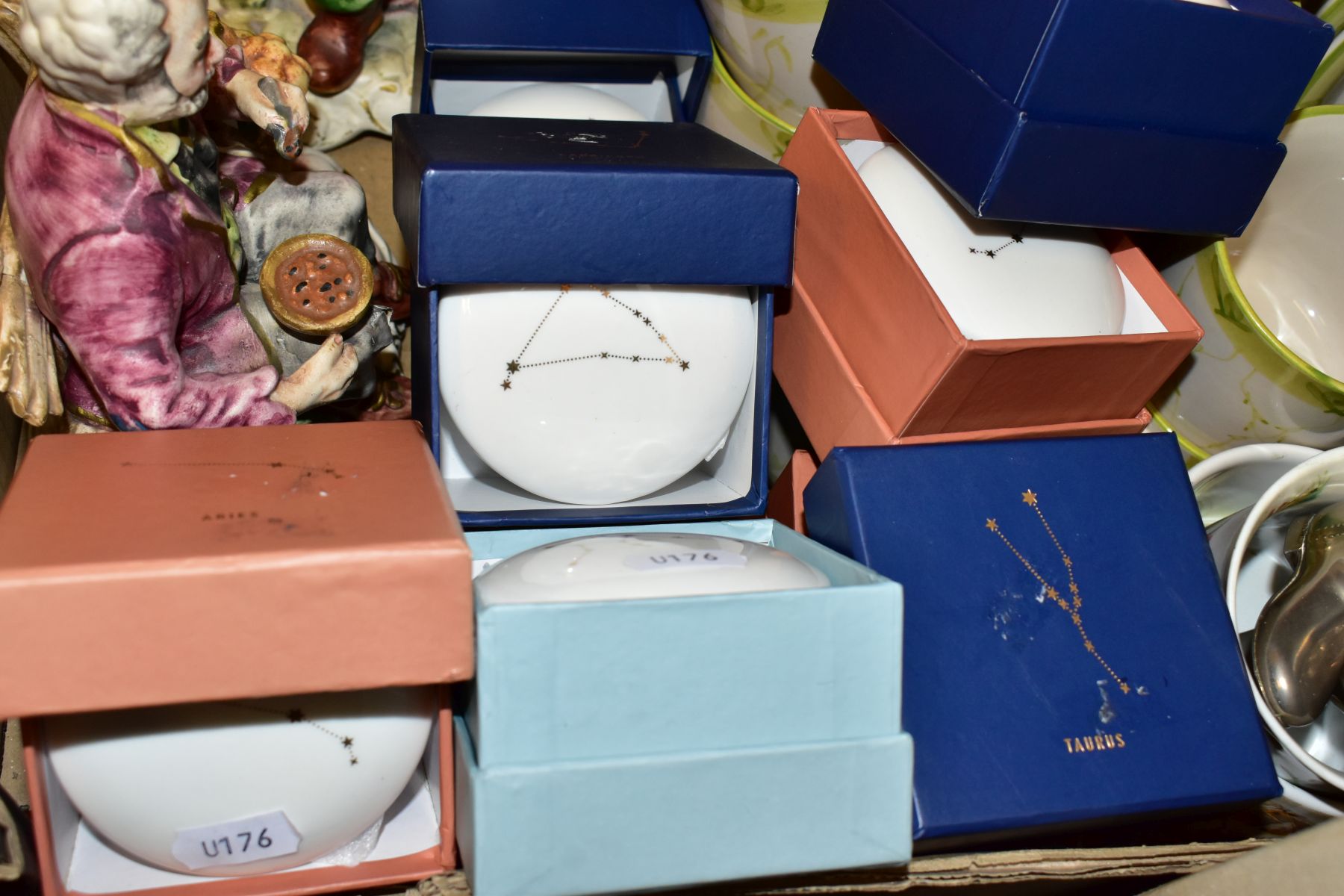 A BOX OF MIXED CERAMICS, to include boxed star sign trinket boxes, two capodimote figures, two - Image 3 of 6