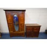 AN EDWARDIAN MAHOGANY AND INLAID SINGLE DOOR WARDROBE, above a single drawer, width 128cm x depth