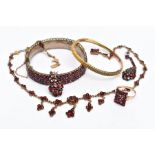 A SELECTION OF BOHEMIAN GARNET JEWELLERY, to include a yellow metal floral designed necklace, fitted