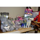 A QUANTITY OF TOYS, SOFT TOYS, JIGSAWS, WALKING STICKS, etc, including a boxed pair of ladies red