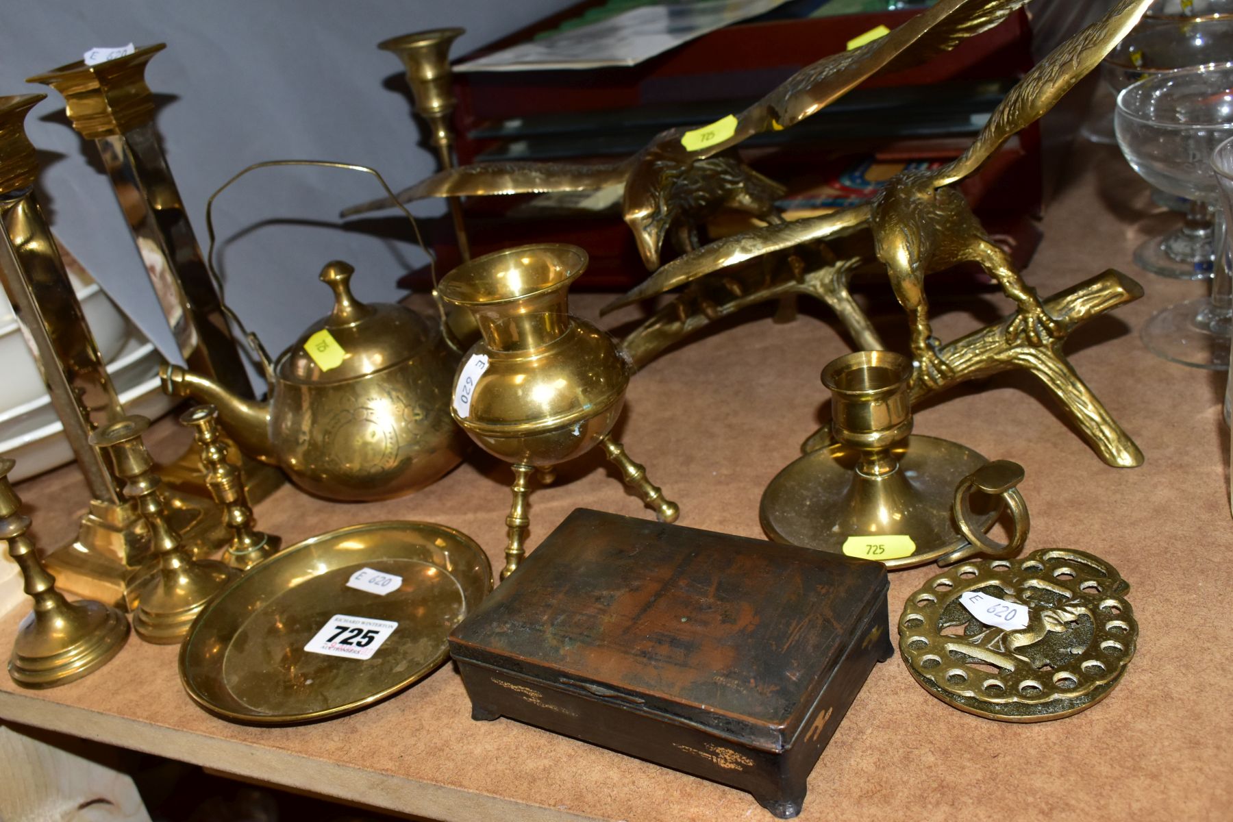 METALWARES AND GAMES BOX to include two brass eagles perched on branches, tallest approximate - Image 2 of 9