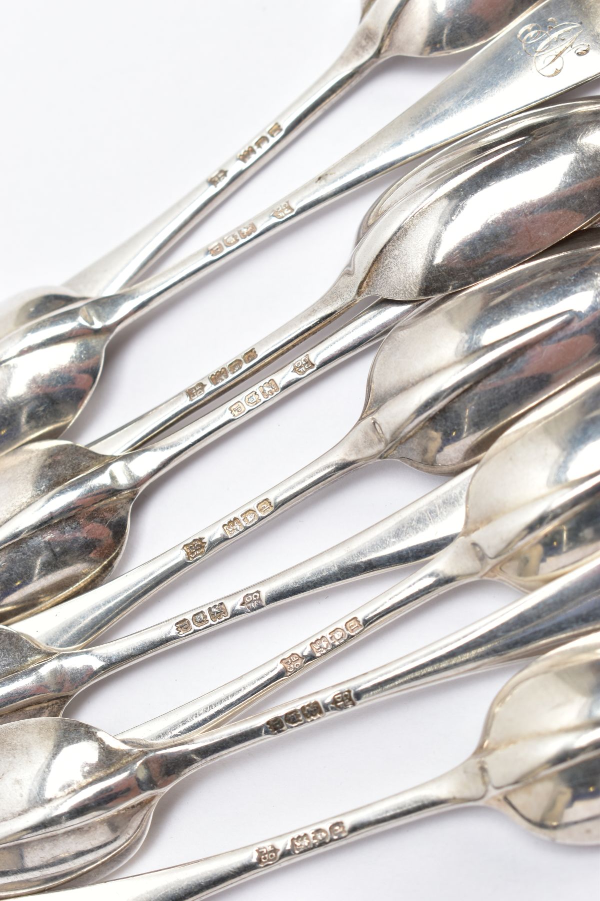 A SET OF TWELVE EARLY 20TH CENTURY SILVER TEASPOONS, rattail design, engraved initials to the - Image 3 of 3